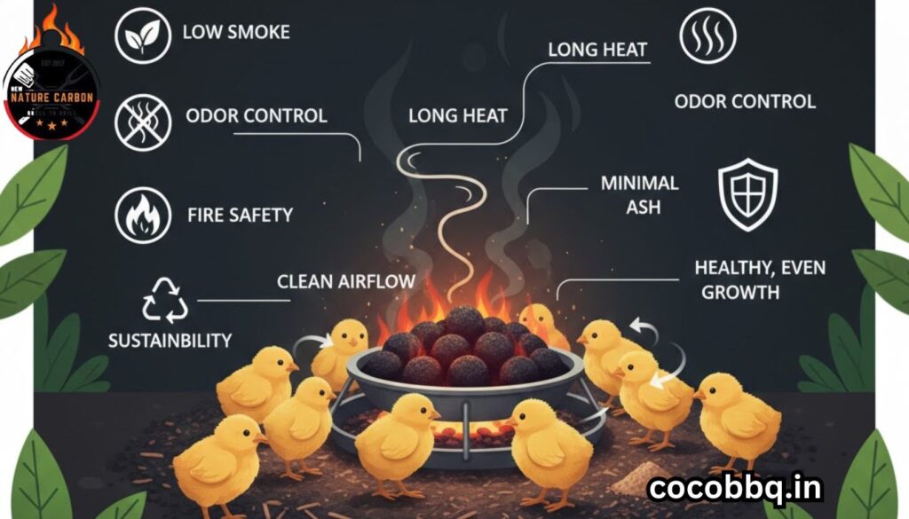 Coconut charcoal briquettes used for chicken brooding providing low smoke and consistent heat for healthy chicks