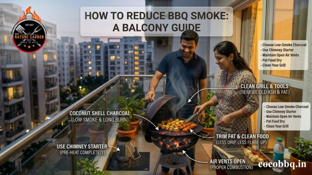 How to reduce BBQ smoke in Bangalore using low smoke coconut shell charcoal on a balcony grill