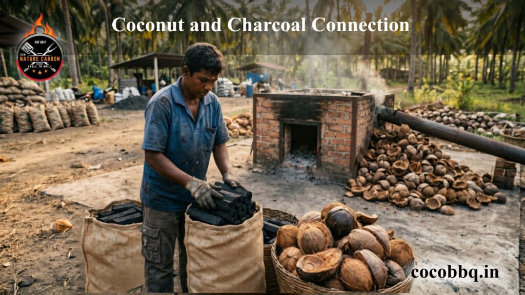Coconut and charcoal products supporting global demand for premium coconut shell charcoal in BBQ, shisha, and industrial applications.